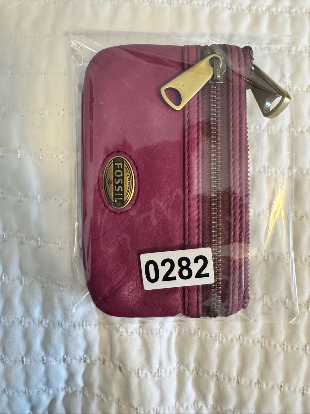 Fossil Purple Leather Zip Coin Purse Key Pouch Wallet Authentic Brass Hardware - Picture 11 of 11